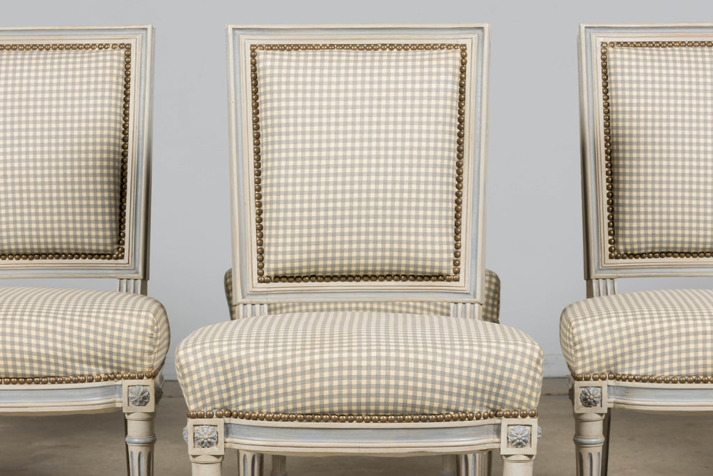 Set of Eight Early 20th Century French Louis XVI Style Painted Dining Chairs with Gingham Upholstery, Paris