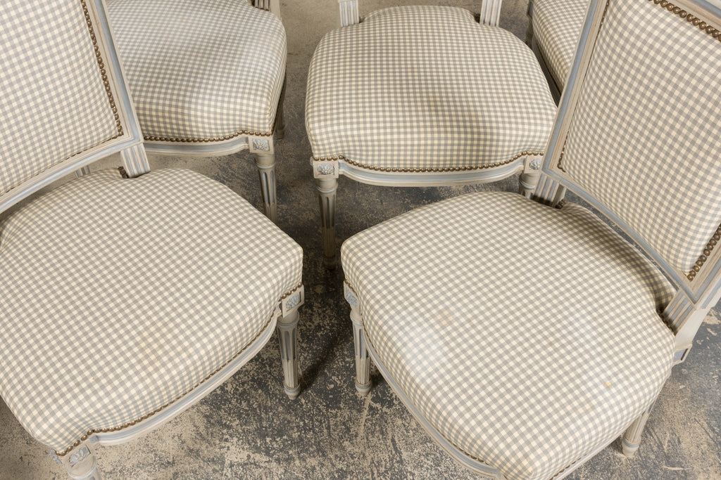 Set of Eight Early 20th Century French Louis XVI Style Painted Dining Chairs with Gingham Upholstery, Paris