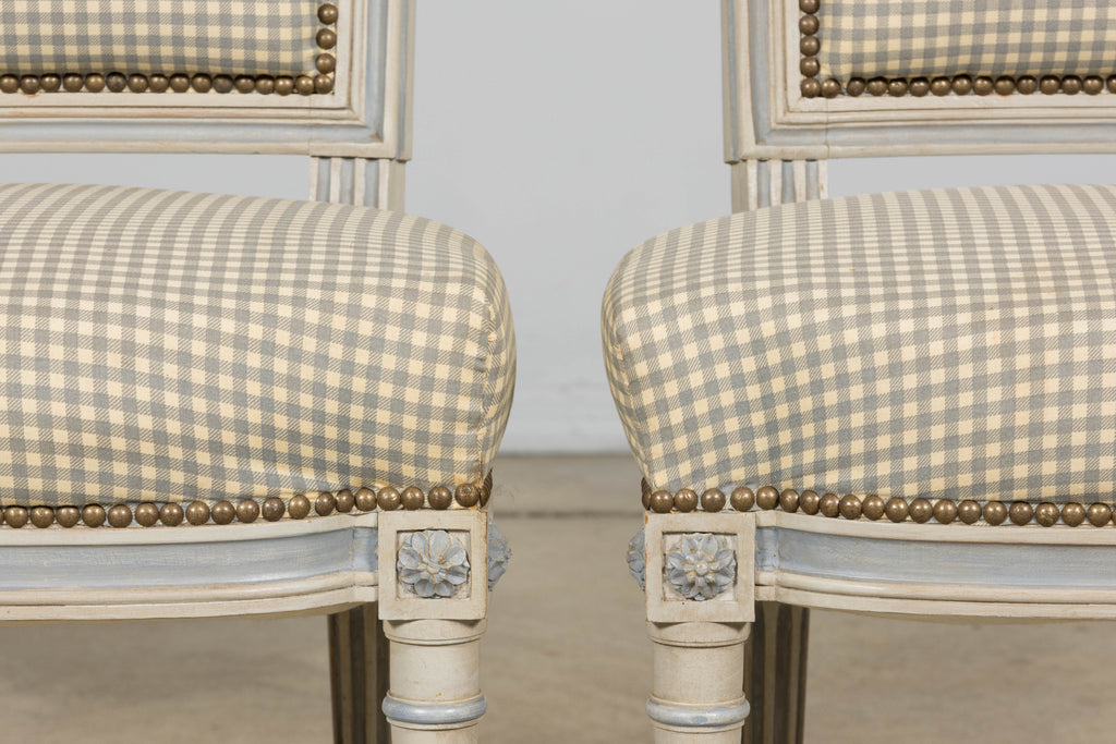 Set of Eight Early 20th Century French Louis XVI Style Painted Dining Chairs with Gingham Upholstery, Paris