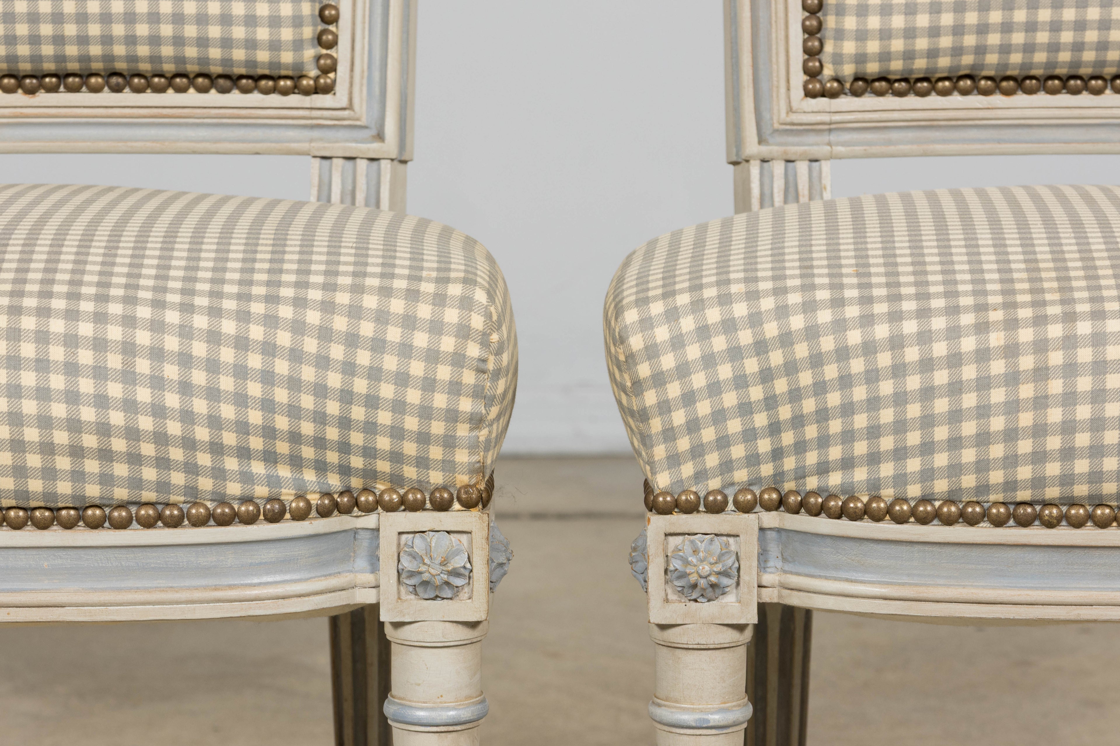 Set of Eight Early 20th Century French Louis XVI Style Painted Dining Chairs with Gingham Upholstery, Paris