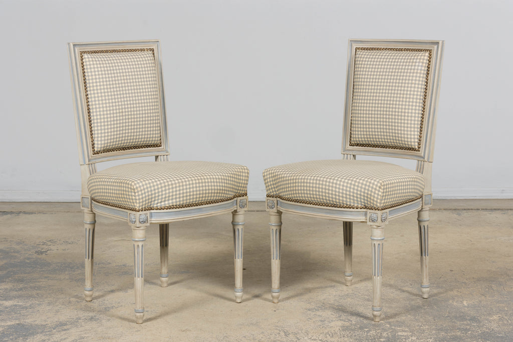 Set of Eight Early 20th Century French Louis XVI Style Painted Dining Chairs with Gingham Upholstery, Paris