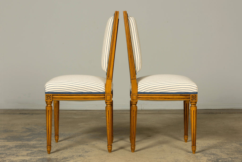 Set of Eight Late 19th Century French Louis XVI Style Dining Chairs in Blue Stripe