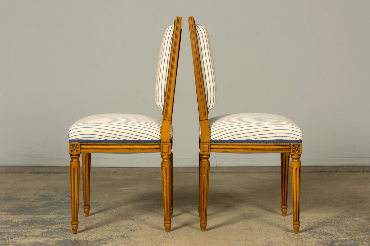 Set of Eight Late 19th Century French Louis XVI Style Dining Chairs in Blue Stripe