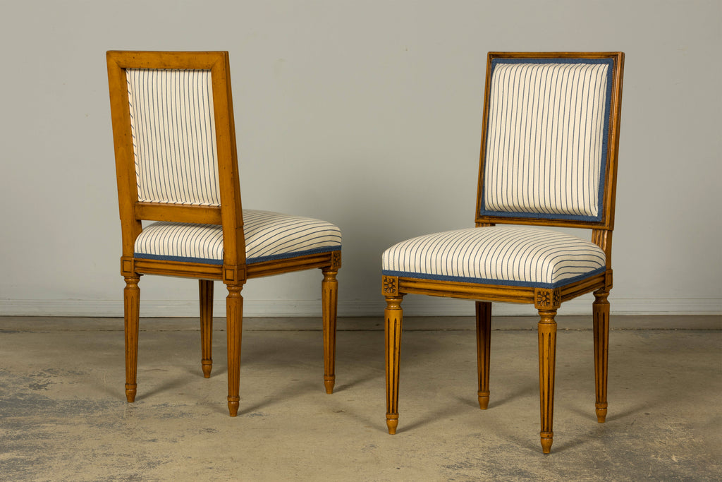 Set of Eight Late 19th Century French Louis XVI Style Dining Chairs in Blue Stripe