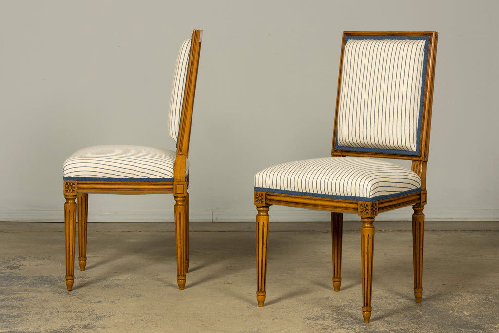 Set of Eight Late 19th Century French Louis XVI Style Dining Chairs in Blue Stripe