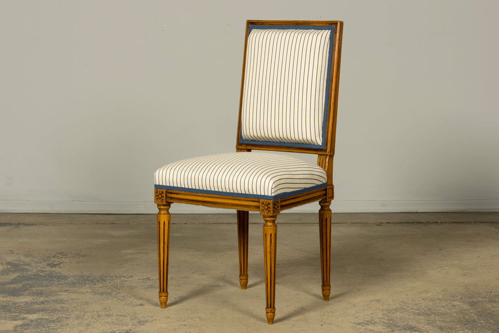 Set of Eight Late 19th Century French Louis XVI Style Dining Chairs in Blue Stripe