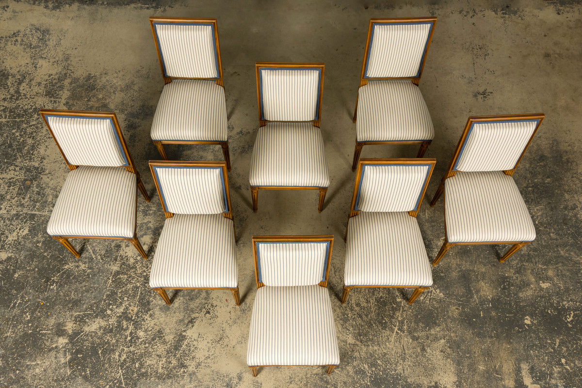 Set of Eight Late 19th Century French Louis XVI Style Dining Chairs in Blue Stripe