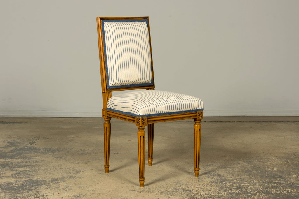 Set of Eight Late 19th Century French Louis XVI Style Dining Chairs in Blue Stripe