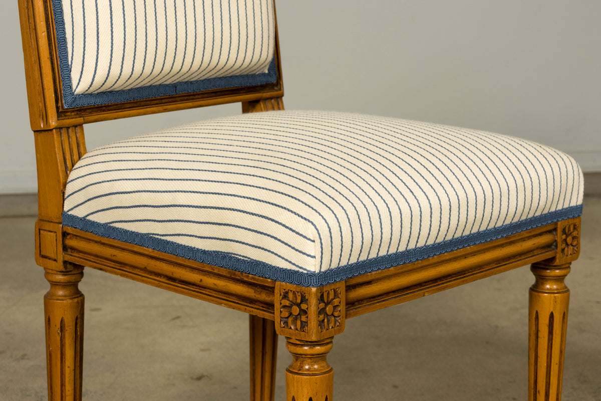 Set of Eight Late 19th Century French Louis XVI Style Dining Chairs in Blue Stripe