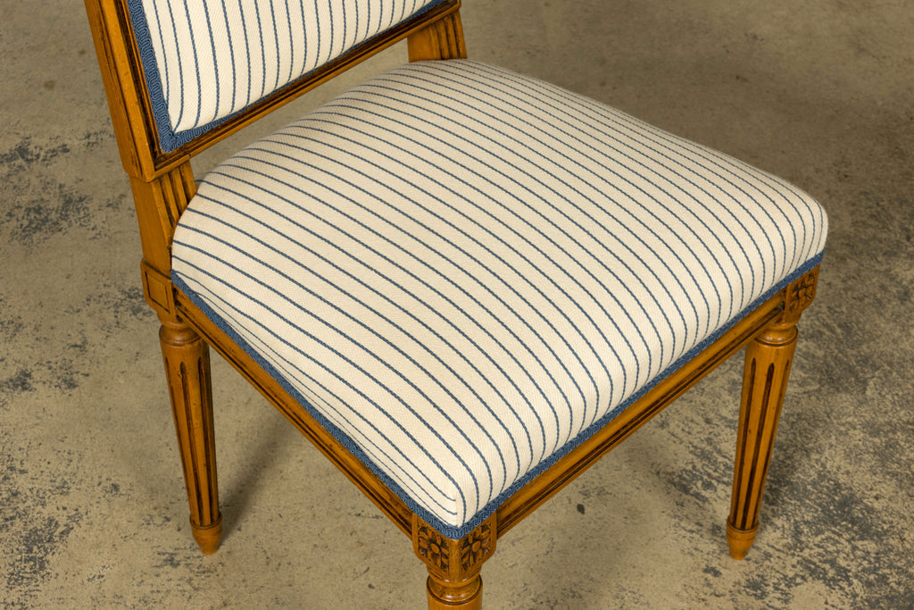 Set of Eight Late 19th Century French Louis XVI Style Dining Chairs in Blue Stripe