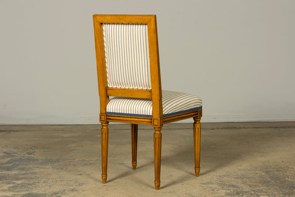 Set of Eight Late 19th Century French Louis XVI Style Dining Chairs in Blue Stripe
