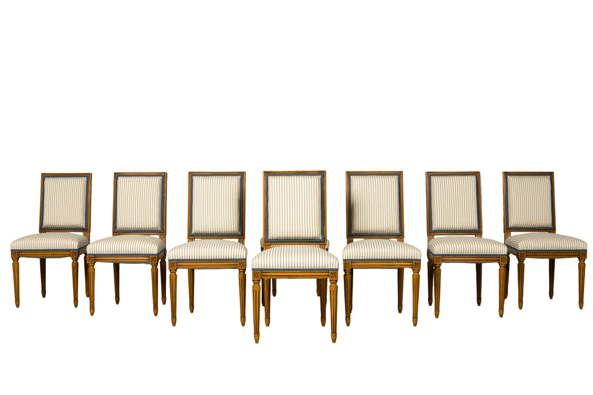 Set of Eight Late 19th Century French Louis XVI Style Dining Chairs in Blue Stripe