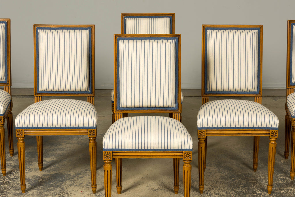 Set of Eight Late 19th Century French Louis XVI Style Dining Chairs in Blue Stripe