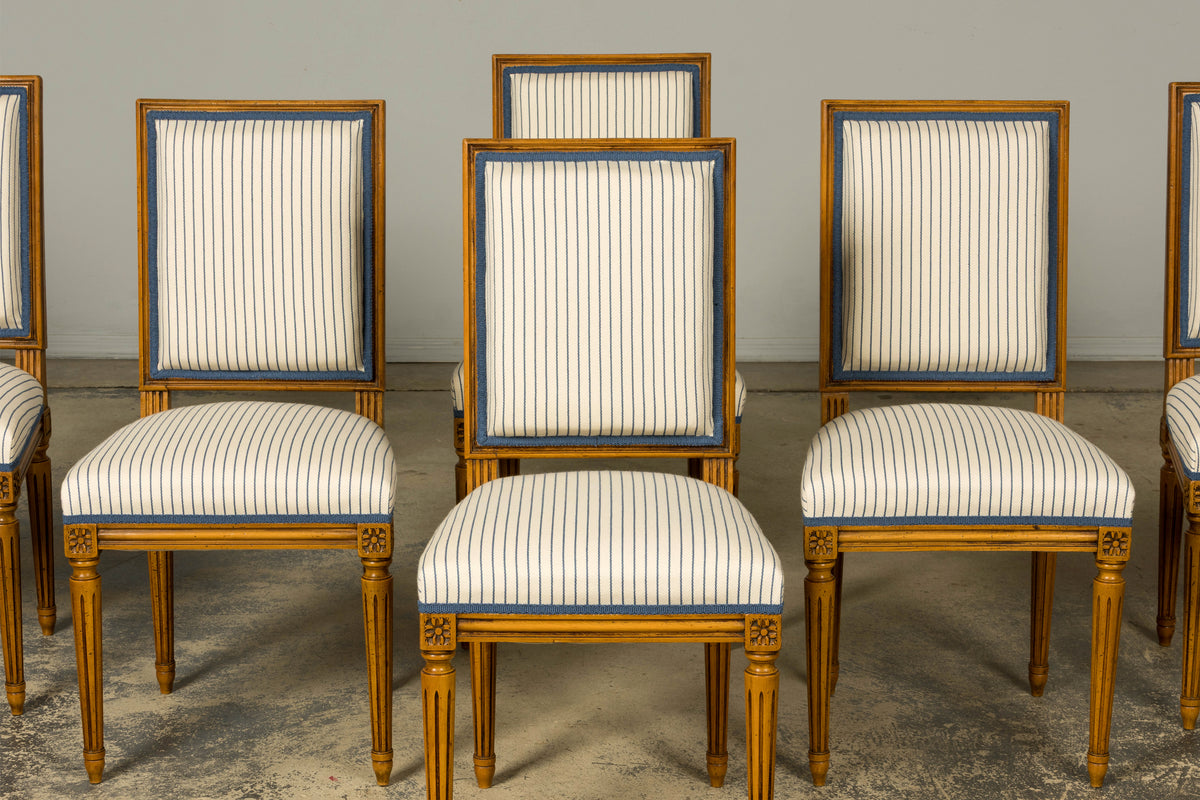Set of Eight Late 19th Century French Louis XVI Style Dining Chairs in Blue Stripe