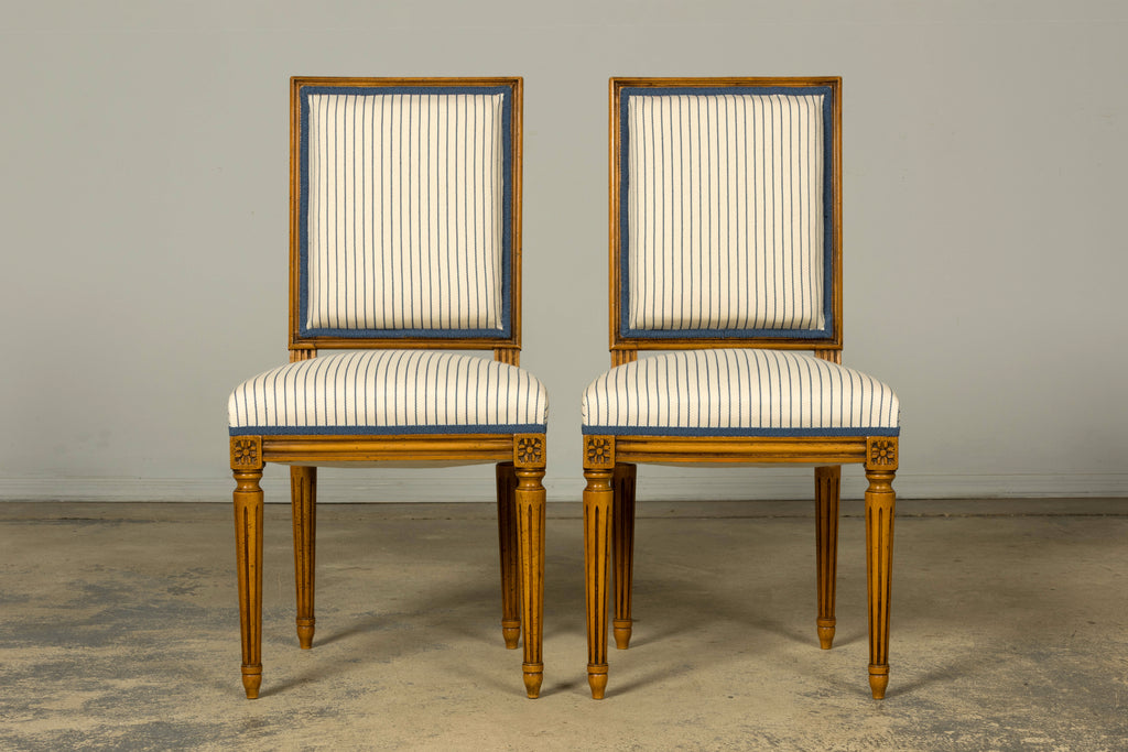 Set of Eight Late 19th Century French Louis XVI Style Dining Chairs in Blue Stripe