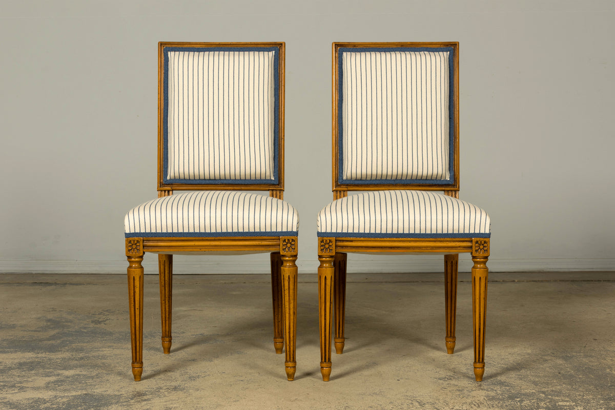 Set of Eight Late 19th Century French Louis XVI Style Dining Chairs in Blue Stripe