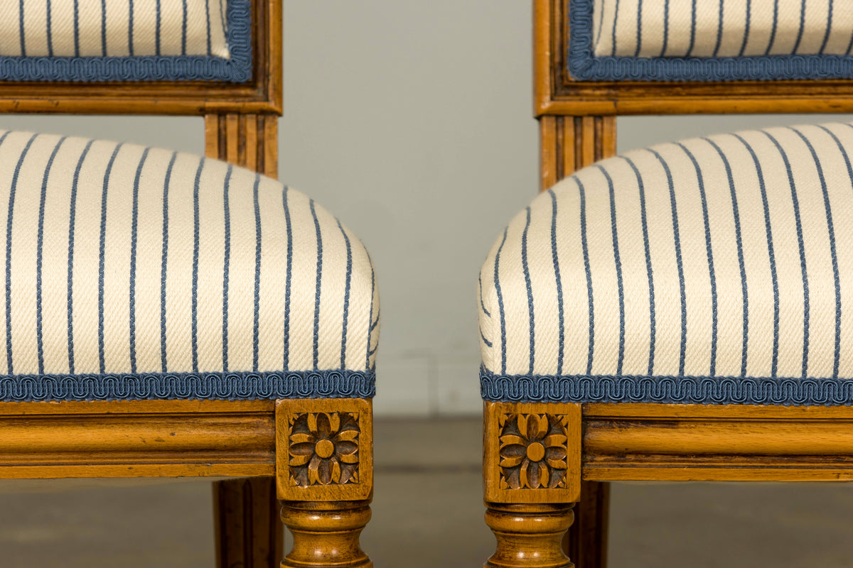 Set of Eight Late 19th Century French Louis XVI Style Dining Chairs in Blue Stripe