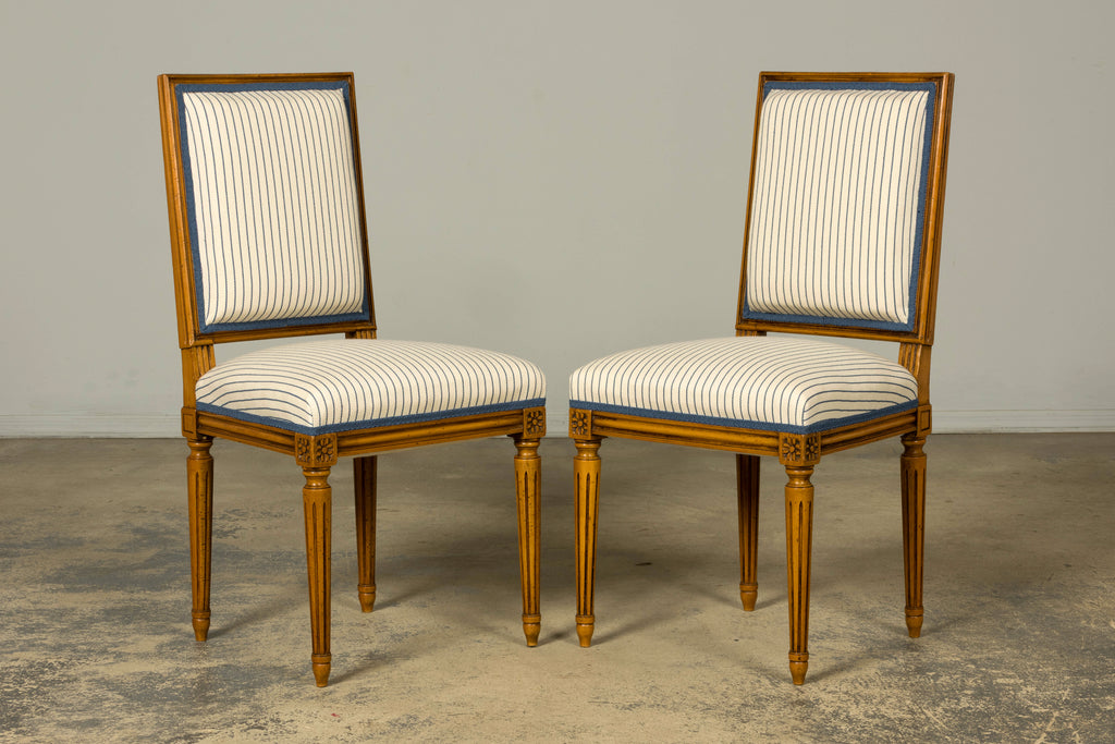 Set of Eight Late 19th Century French Louis XVI Style Dining Chairs in Blue Stripe