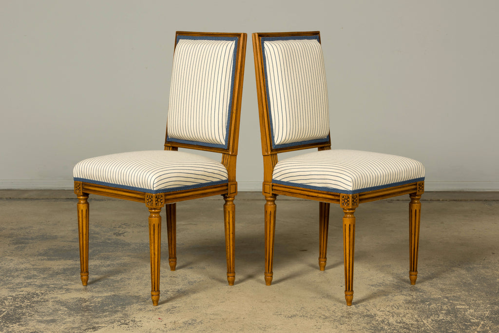Set of Eight Late 19th Century French Louis XVI Style Dining Chairs in Blue Stripe