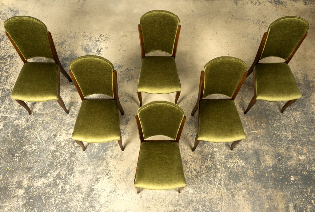 Set of Six 1930s French Art Deco Maple Dining Chairs in Olive Green Velvet