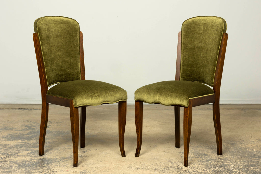 Set of Six 1930s French Art Deco Maple Dining Chairs in Olive Green Velvet