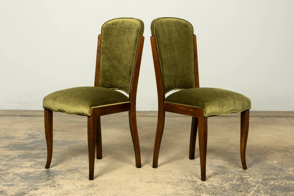 Set of Six 1930s French Art Deco Maple Dining Chairs in Olive Green Velvet