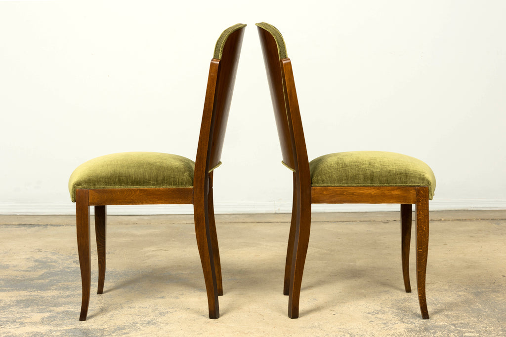 Set of Six 1930s French Art Deco Maple Dining Chairs in Olive Green Velvet