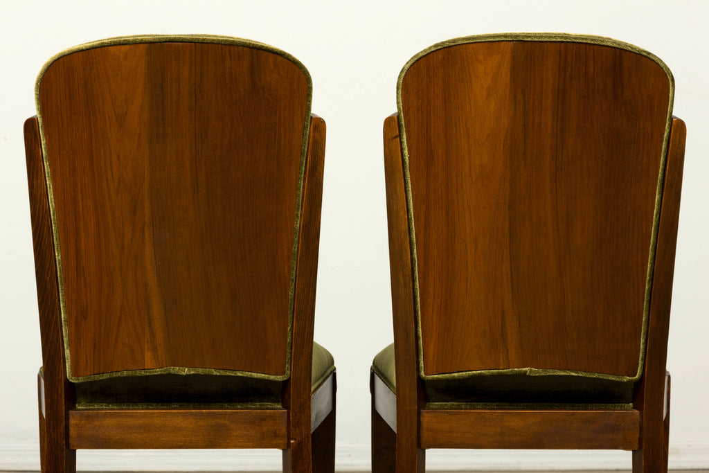Set of Six 1930s French Art Deco Maple Dining Chairs in Olive Green Velvet