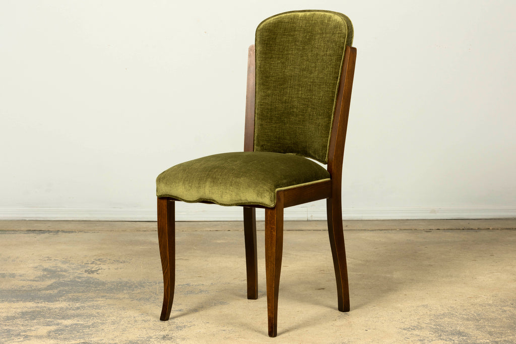 Set of Six 1930s French Art Deco Maple Dining Chairs in Olive Green Velvet