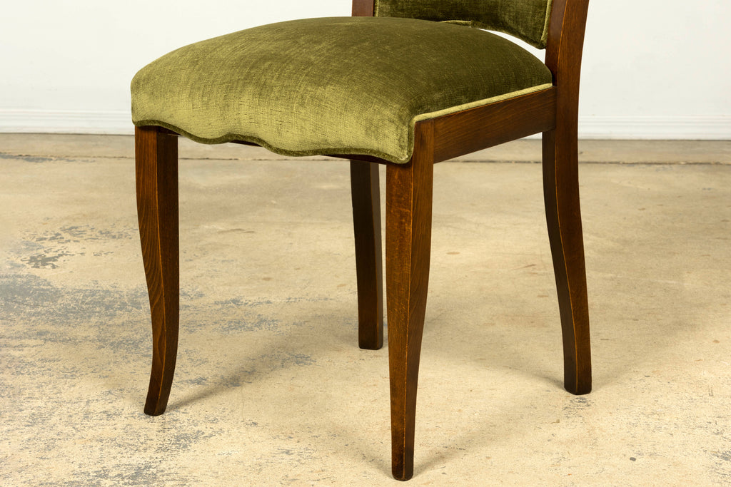 Set of Six 1930s French Art Deco Maple Dining Chairs in Olive Green Velvet