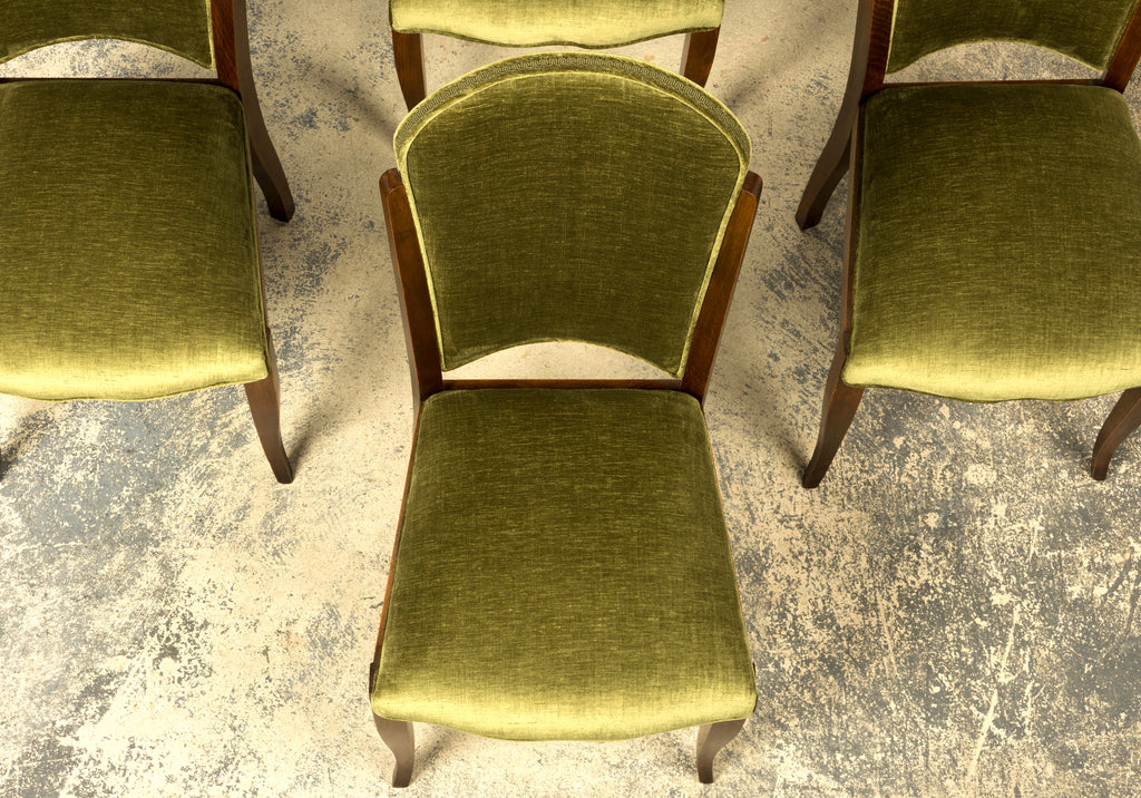 Set of Six 1930s French Art Deco Maple Dining Chairs in Olive Green Velvet