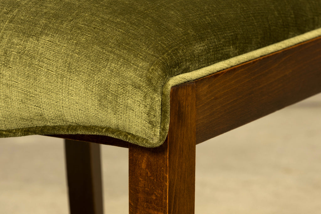 Set of Six 1930s French Art Deco Maple Dining Chairs in Olive Green Velvet