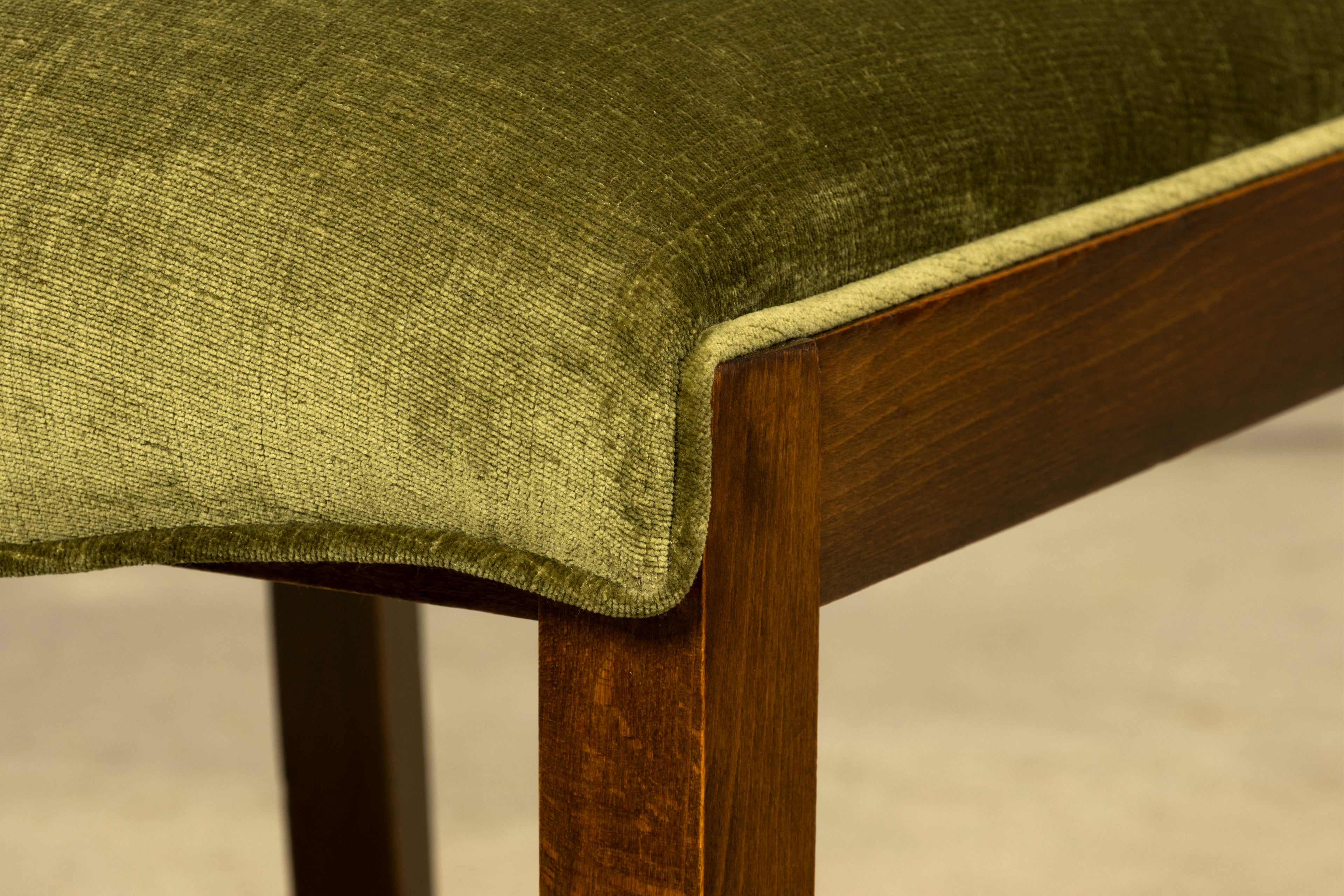 Set of Six 1930s French Art Deco Maple Dining Chairs in Olive Green Velvet