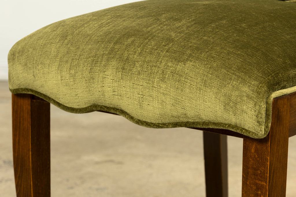 Set of Six 1930s French Art Deco Maple Dining Chairs in Olive Green Velvet