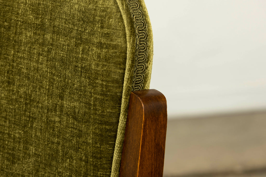 Set of Six 1930s French Art Deco Maple Dining Chairs in Olive Green Velvet