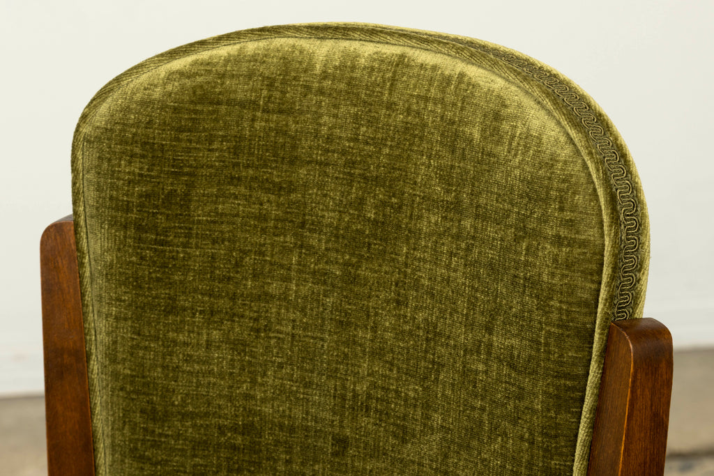 Set of Six 1930s French Art Deco Maple Dining Chairs in Olive Green Velvet
