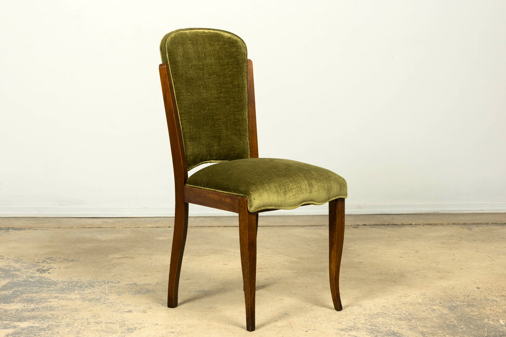 Set of Six 1930s French Art Deco Maple Dining Chairs in Olive Green Velvet