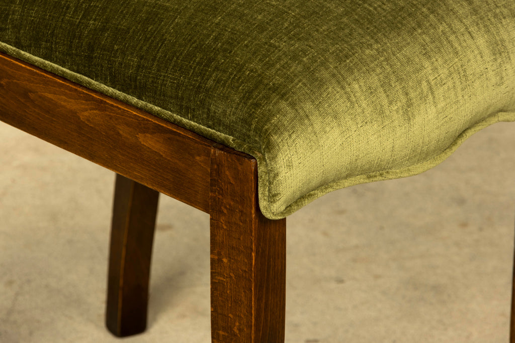 Set of Six 1930s French Art Deco Maple Dining Chairs in Olive Green Velvet