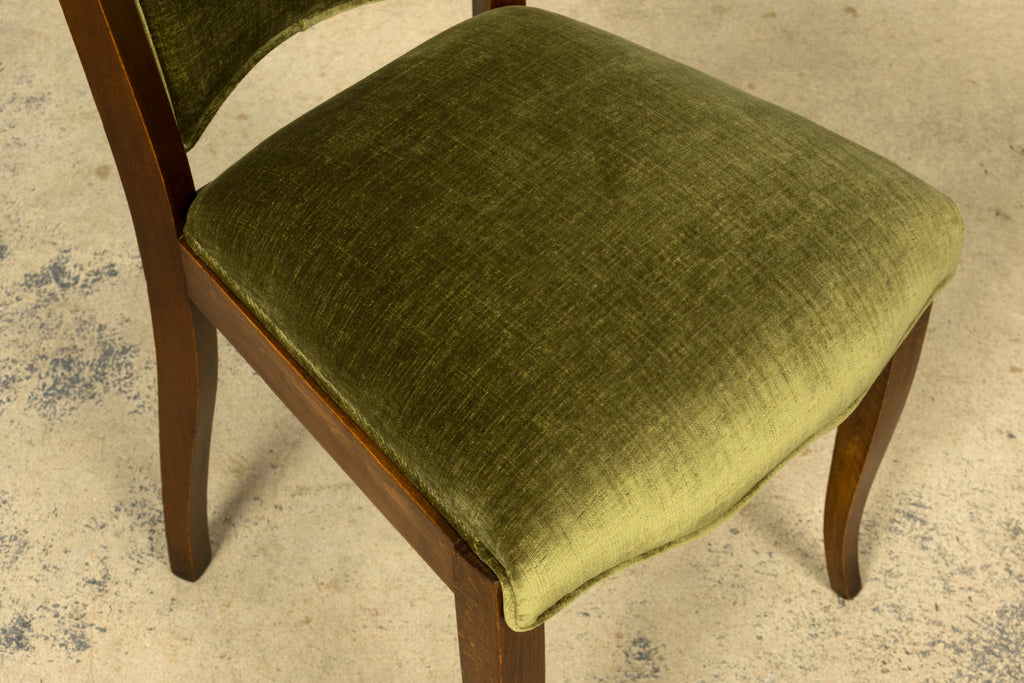 Set of Six 1930s French Art Deco Maple Dining Chairs in Olive Green Velvet