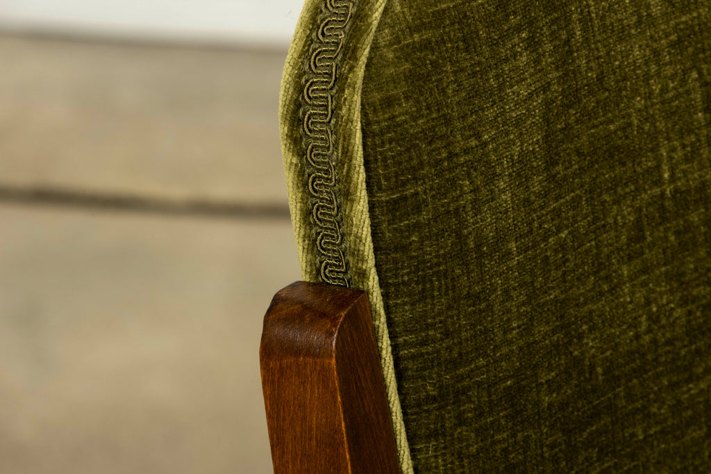 Set of Six 1930s French Art Deco Maple Dining Chairs in Olive Green Velvet