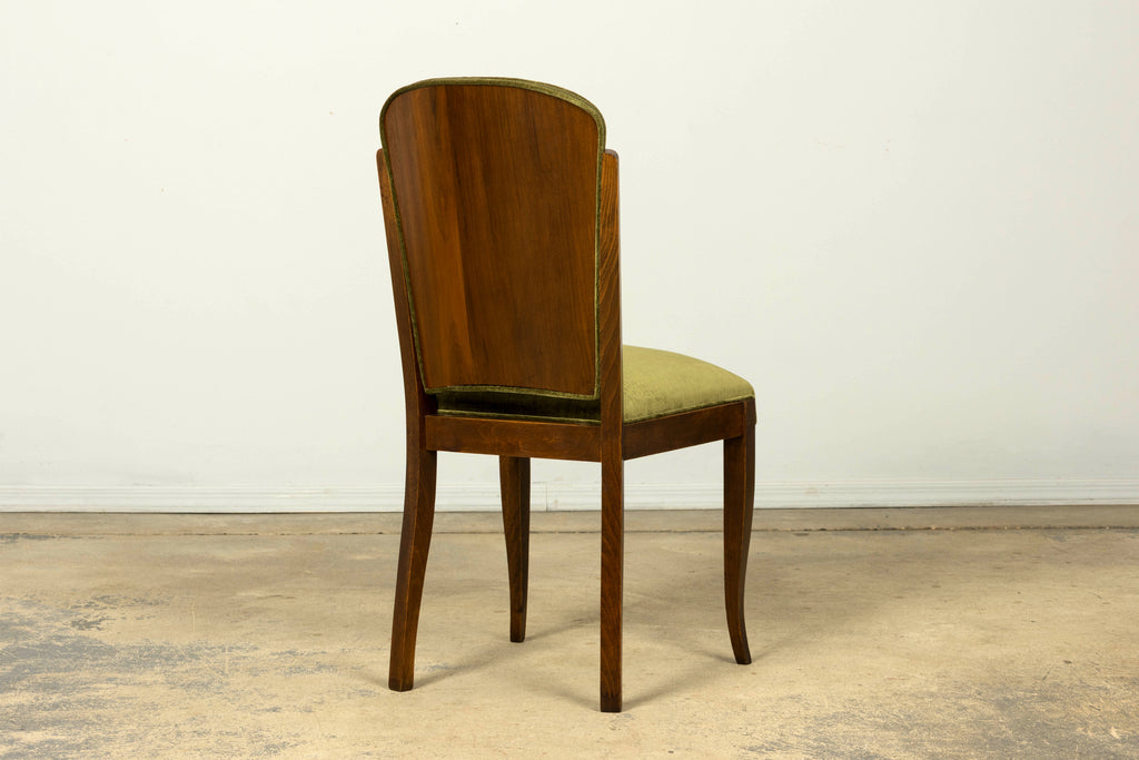 Set of Six 1930s French Art Deco Maple Dining Chairs in Olive Green Velvet