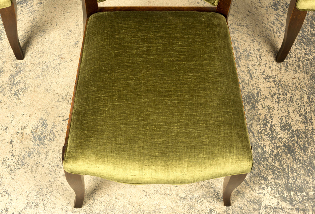 Set of Six 1930s French Art Deco Maple Dining Chairs in Olive Green Velvet