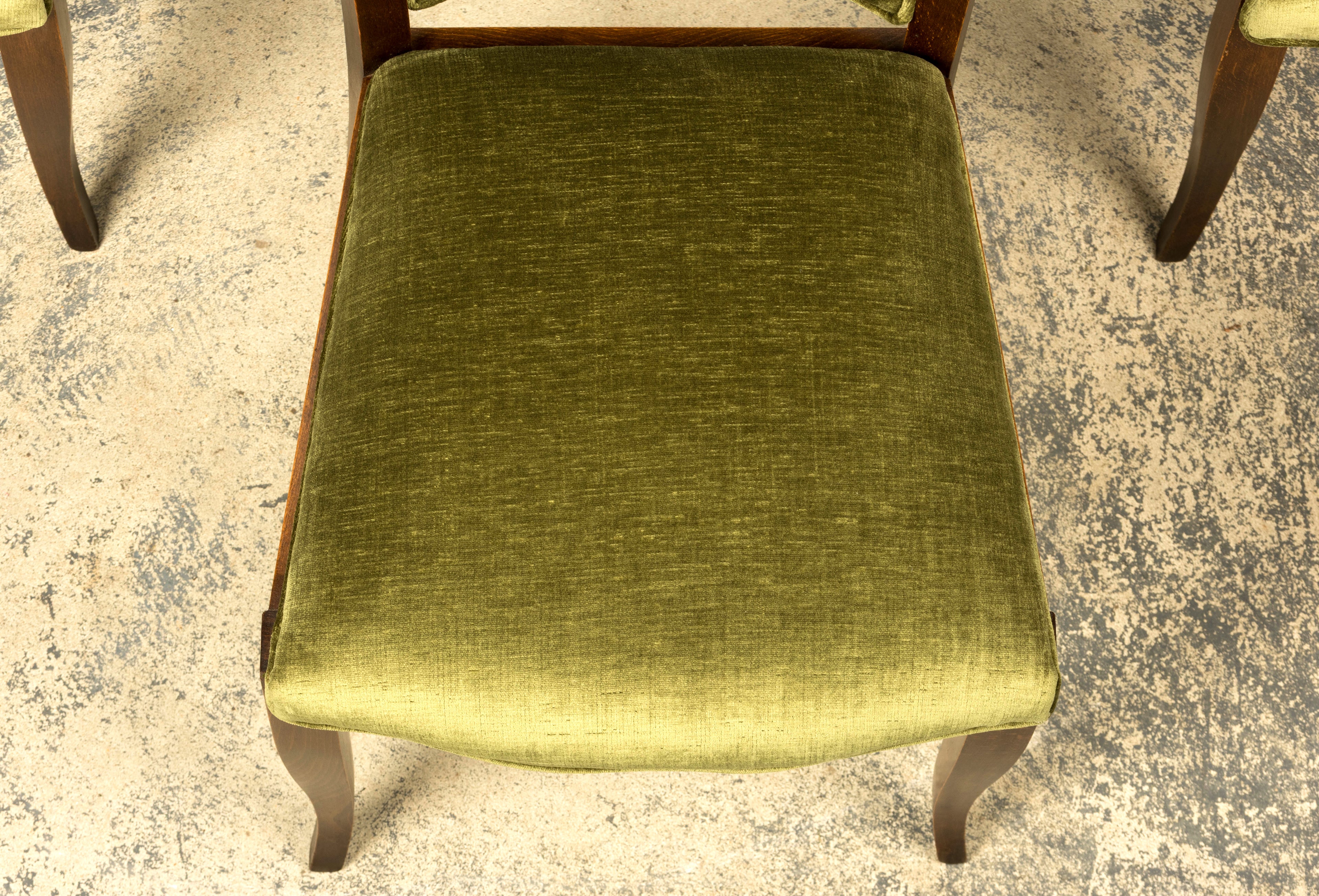 Set of Six 1930s French Art Deco Maple Dining Chairs in Olive Green Velvet