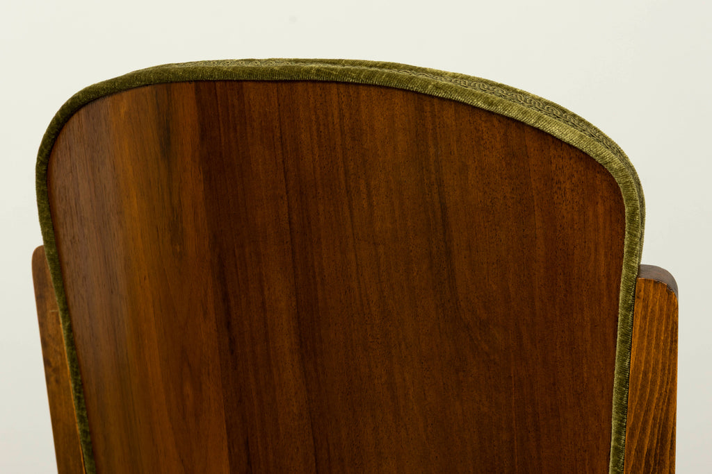 Set of Six 1930s French Art Deco Maple Dining Chairs in Olive Green Velvet
