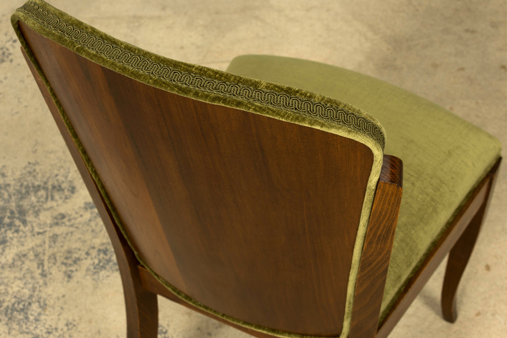Set of Six 1930s French Art Deco Maple Dining Chairs in Olive Green Velvet