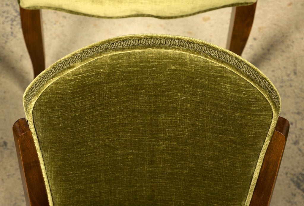 Set of Six 1930s French Art Deco Maple Dining Chairs in Olive Green Velvet