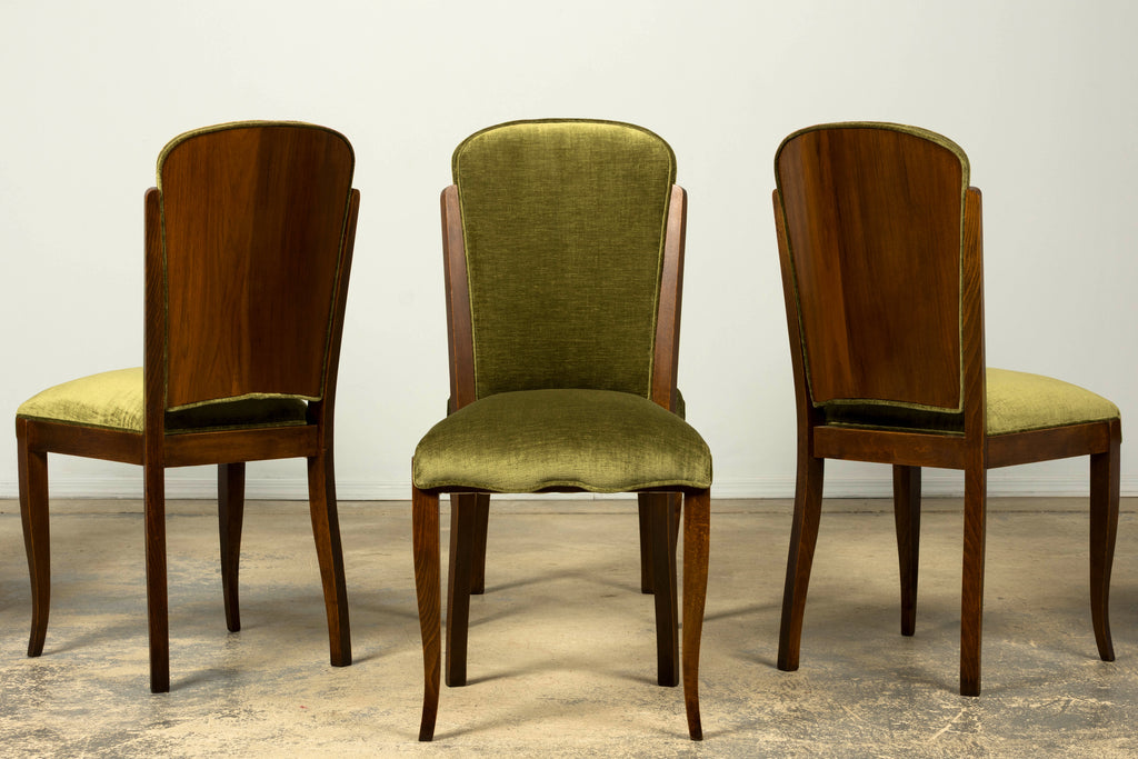 Set of Six 1930s French Art Deco Maple Dining Chairs in Olive Green Velvet