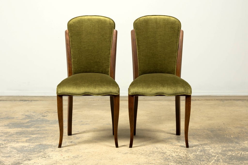 Set of Six 1930s French Art Deco Maple Dining Chairs in Olive Green Velvet