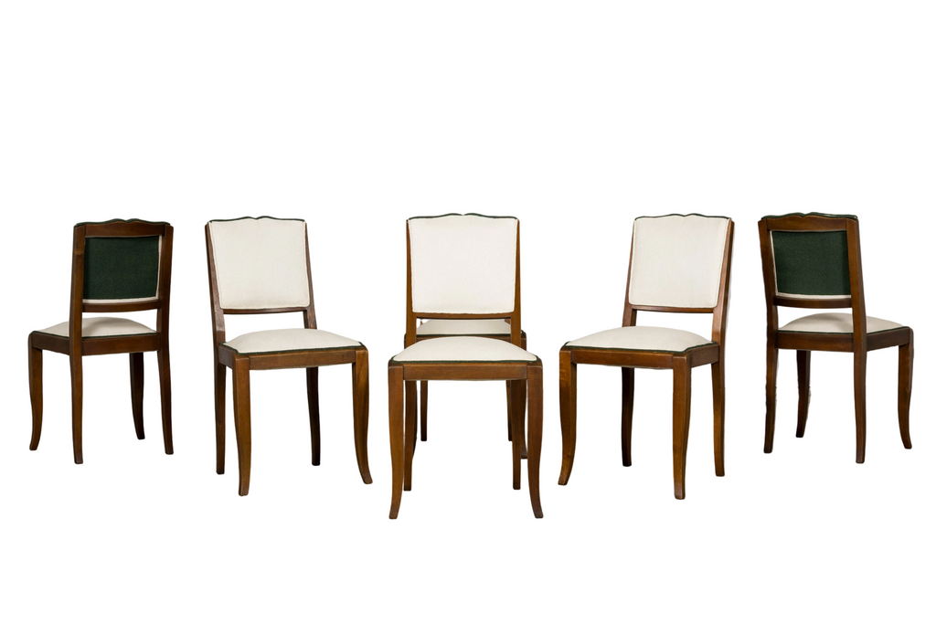 Set of Six 1930s French Art Deco Mustache Back Walnut Dining Chairs