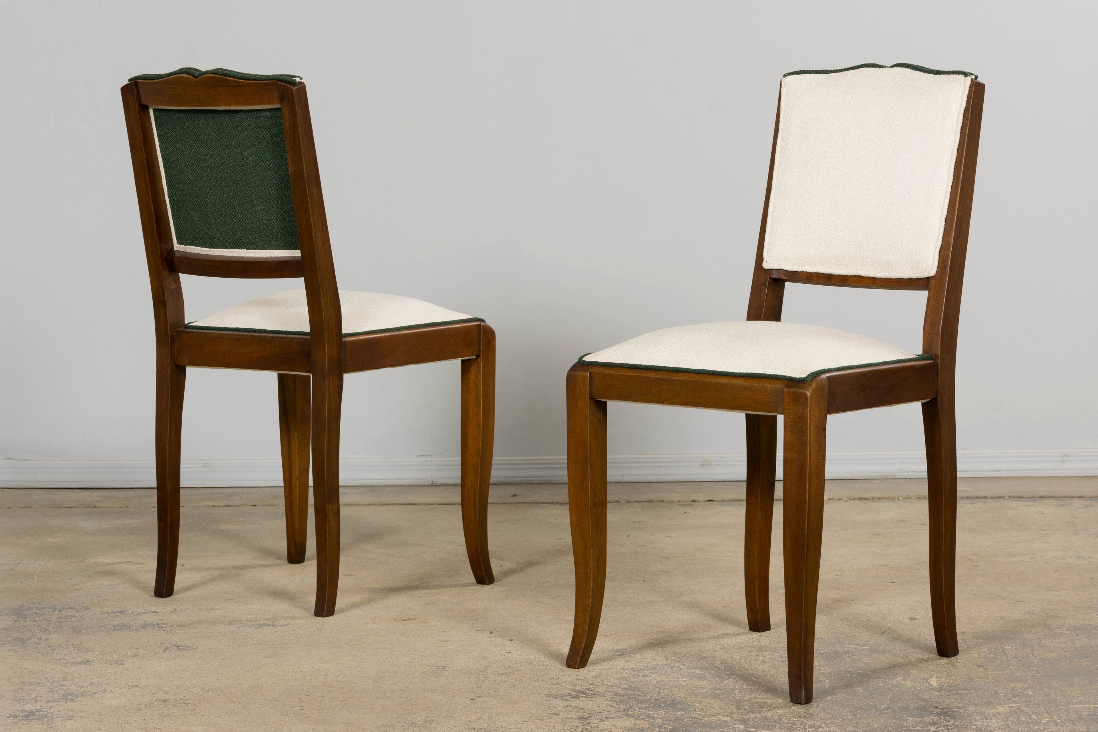 Set of Six 1930s French Art Deco Mustache Back Walnut Dining Chairs